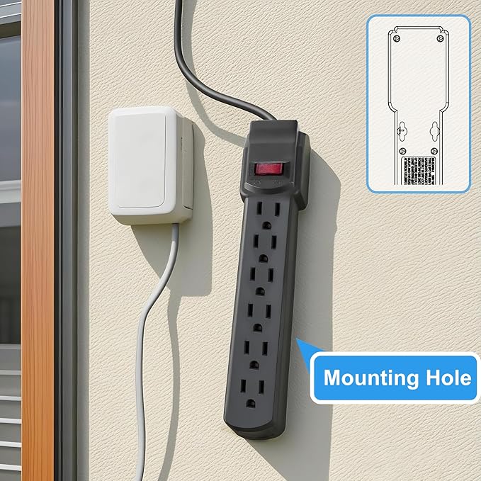 PowerEnvy 6-Outlet Surge Protector – 250 Joules, 2ft Cord, 15A/125V, 1875W Max – Right Angle Plug, Black – Home, Office, & Electronics Protection