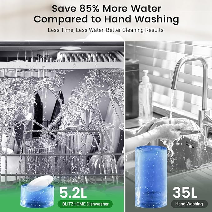 BLITZHOME Countertop Portable Dishwasher, 9 Programs, 167℉ High-Temp, 360° 3 Spray, 24H Timing, Hot Air Drying, Air Refresh, Baby-Care, LED Light, 5.2L Built-in Water Tank for Apartments RVs