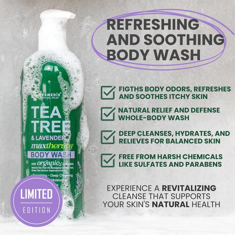 KESMEDIK Tea Tree Lavender Body Wash MaxTherapy, Itchy Skin Relief, Antifungal Defense, Fights Body Odor, Soothes Jock Itch & Athlete's Foot, Intimate Wash, Men & Women, 16 fl oz, Limited Edition