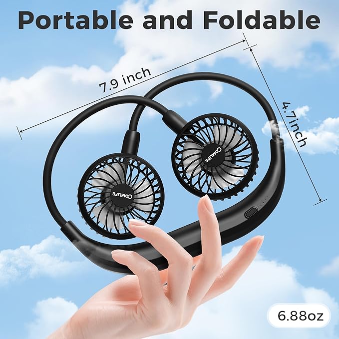 COMLIFE Portable Neck Fan, 2600mAh Battery Operated Ultra Quiet Hands Free USB Fan with Strong Wind, 360° Adjustable High Flexibility Wearable Personal Fan for Home Office Outdoor Travel (Black)