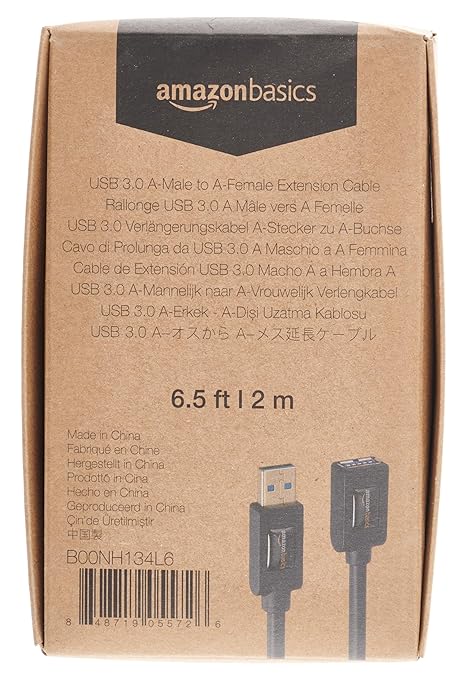 Amazon Basics USB 3.0 Extension Cable, A-Male to A-Female, 4.8Gbps High-Speed, Gold-Plated Connectors, 6.5 Foot, Black