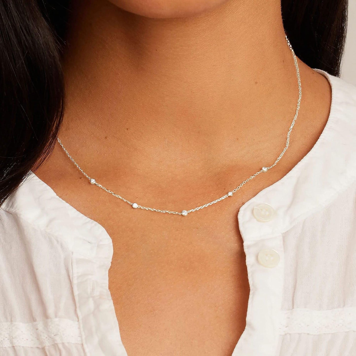 LecAit Silver Station Necklace for Women | CZ Diamond Choker Necklaces Gold | Simulated Diamond BTY Necklace | Silver Cubic Zirconia Chain Choker Necklaces for Women