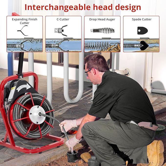 Drain Cleaner Machine 50 Ft x 3/8 Inch, 250W Drain Cleaning Machine Portable Electric Drain Auger with Cutters Glove Drain Auger Cleaner Sewer Snake, 4 Cutters Included, Foot Switch Control, and Idea