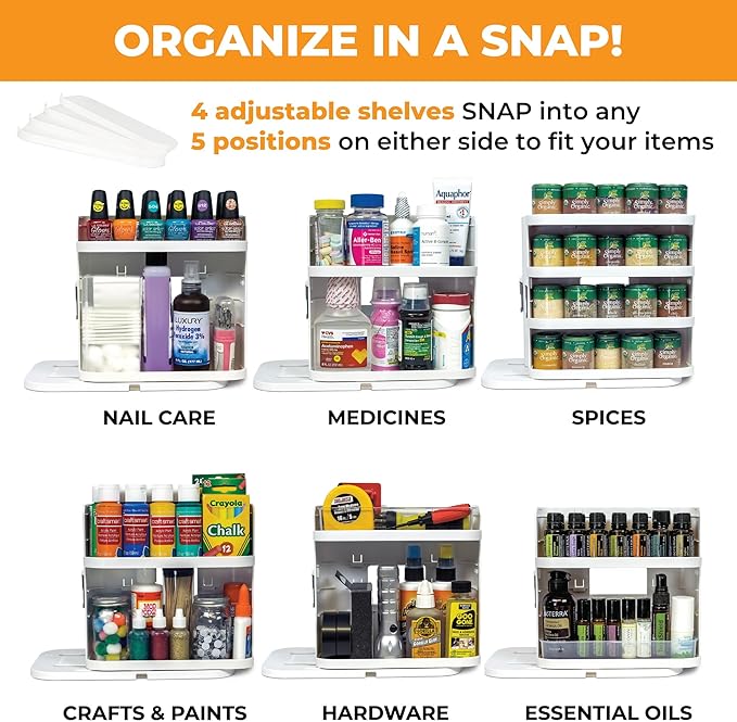 Cabinet Caddy SNAP! Spice Rack Organizer for Cabinet - Slide & Rotate Seasoning Organizer - 4 Snap-In Adjustable Shelves for 5 Tier of Storage - Magnetic Modular Design - 8.9âH x 6.1âW x 10.8âD