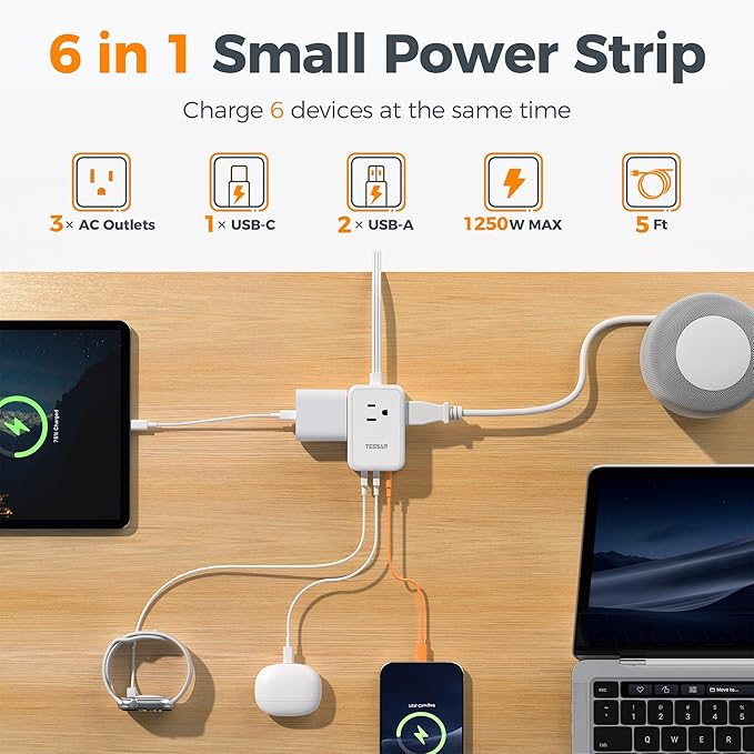 TESSAN Small Flat Plug Power Strip, Ultra Thin Extension Cord 5 ft, 3 AC Outlets with 3 USB Ports (1 USB C), Multiple Wall Outlet Extender for Cruise Travel Office School Dorm Room Essentials, White