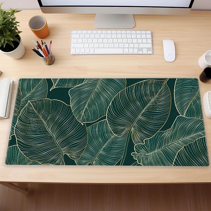 Luxury XXL Desk Mat 31.5x15.7 Emerald Green Gold Leaf Mouse Pad