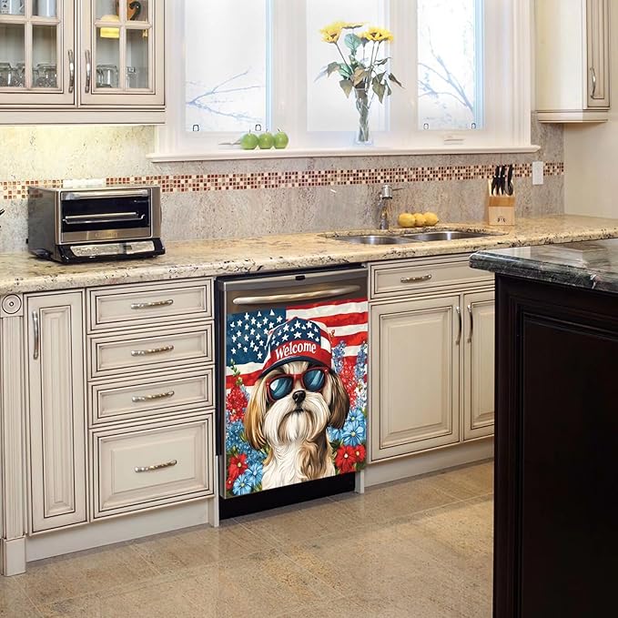 American Flag Pet Dogs Magnetic Sticker Dishwasher Cover Kitchen Decor, 23x26inch Floral Dishwasher Magnet Cover, Patriotic Dishwasher Decal, Refrigerator Panel,Magnetic Dishwasher Sticker