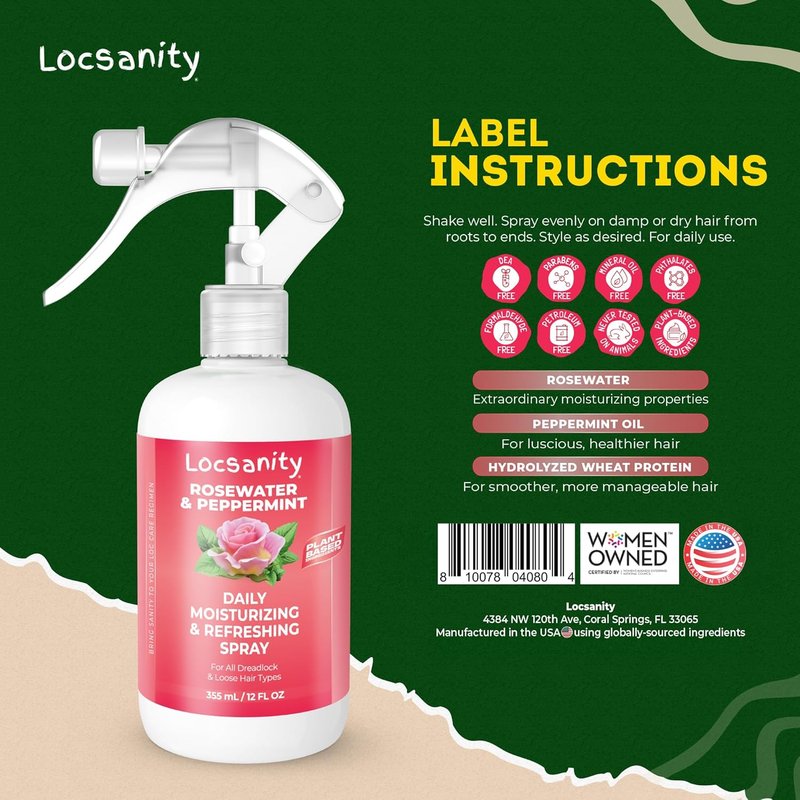Locsanity Daily Moisturizing Rosewater & Peppermint Spray - Lightweight Frizz Control for Locs & Dreadlocks | Natural Hair & Scalp Moisturizer (12 fl oz)