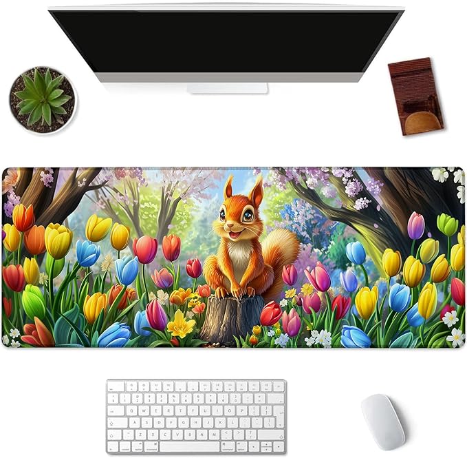 Kibue Adorable Squirrel Gaming Mouse Pad, Colorful Tulip Mousepads for Gaming Home Office Work, Extended Mats Computer Keyboard Laptop, 31.5×11.8 Inch Large Desk Mat with Non-Slip Rubber Base