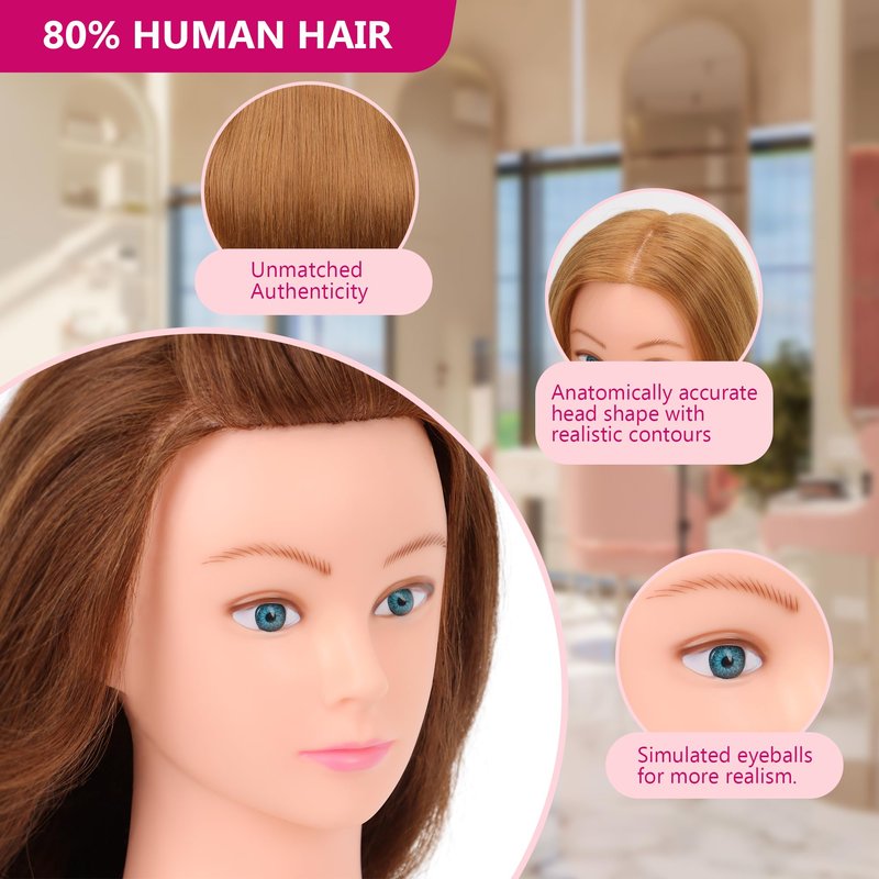 YODIDI Mannequin Head Human Hair 26""-28"" Female 80% Human Hair Mannequin Head Hair Styling Cosmetology Manikin Head Doll Head for Hairdresser with Free Clamp Holder and Tools