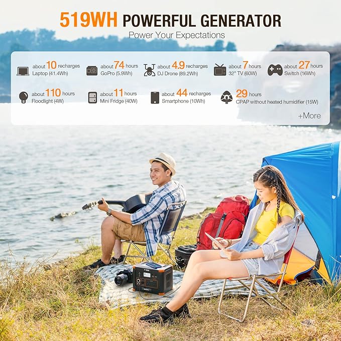 500W Portable Power Station, Solar Generator 519.48Wh (Peak 1000W) Lithium Battery Power Generator with 2 * 120V AC Outlets, Mobile Battery Backup Pack for RV Trip Camping, Outdoor Adventure, Home