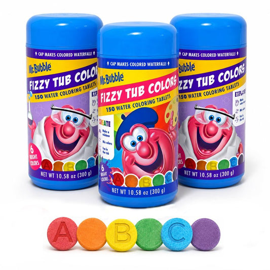 Mr. Bubble Fizzy Tub Colors Bath Water Coloring Tabelets, 6 Bright Colors, Red, Orange, Yellow, Purple, Blue and Green, Fragrance Free, Cap Makes Colorful Waterfall (3 Jars, 450 Tablets)