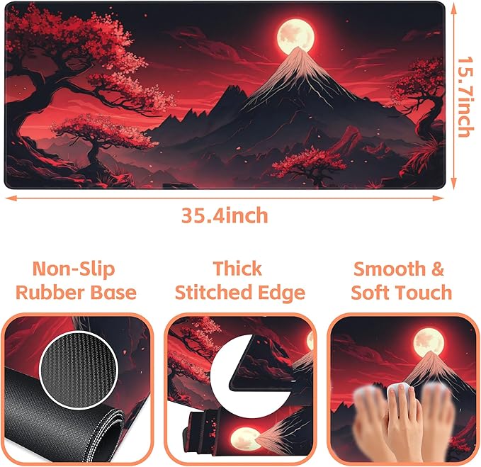 NIYLYNSYN Mouse Pad Large Japanese Landscap Non-Slip Game Desk Mat with Stitched Edge Laptop Keyboard Desk Pad for Work Home Gaming (35.4 x 15.7 Inches)