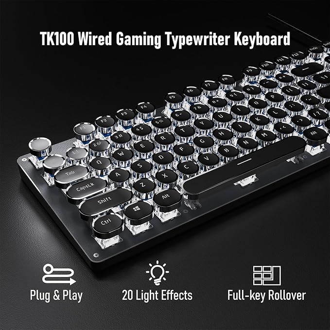 SEUNKWANG Typewriter Style Mechanical Gaming Keyboard with White Backlit, Wired Retro Punk Computer Keyboard Durable Metal Panel, Clicky Blue Switch, Round Keycaps, Full-size for PC/Desktop/Win, Black