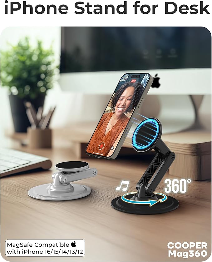 COOPER Mag360, Desktop MagSafe Stand for iPhone 17 Pro Max (16/15/14/13/12), Magnetic Phone Holder for Desk, 360° Rotating, Height Adjustable, Magnetic Phone Stand for Desk, with Metal Ring (Black)