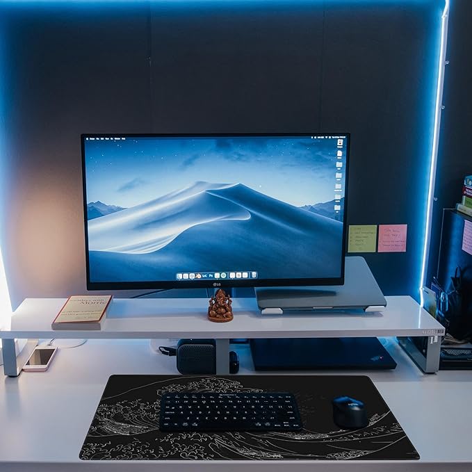 Eflxamz Desk Mat,Black Japanese Sea Wave Desk Pad,Japanese Sea Wave Large Gaming Mouse Pad for Desk,Extended Big Computer Keyboard Mouse Pad with Non-Slip Base and Stitched Edge,31.5"x11.8"