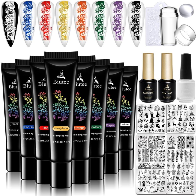 SEISSO Nail Stamping Polish Kit - 8 Colors, 4 Templates & Peel Off Tape for DIY Flower Art Design