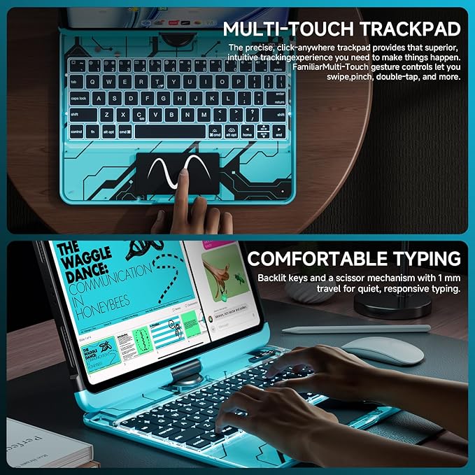 Tiaota Transparent Case with Keyboard for iPad Pro 13 inch(M5/M4, 2025/2024), iPad Pro 13,7-Color Backlit,Magic Wireless Keyboard, 360°Rotating,Multi-Touch trackpad,Pencil Holder,with Shortcuts,Blue