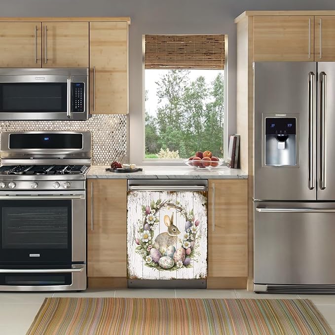 Easter Bunny Dishwasher Full Door Magnetic Sticker Home Appliances, Easter Eggs Refrigerator Magnet Skin Cover, Spring Wreath Magnetic Dishwasher Panel Cover - (23" x 26" Magnetic)