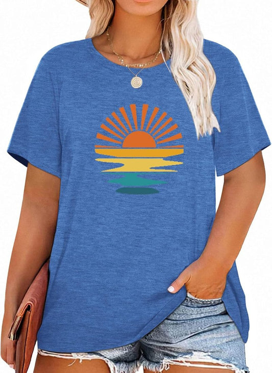 Plus Size Vintage Graphic Tee for Women - Cute Sunrise Camping Print | Casual Nature Travel Shirt