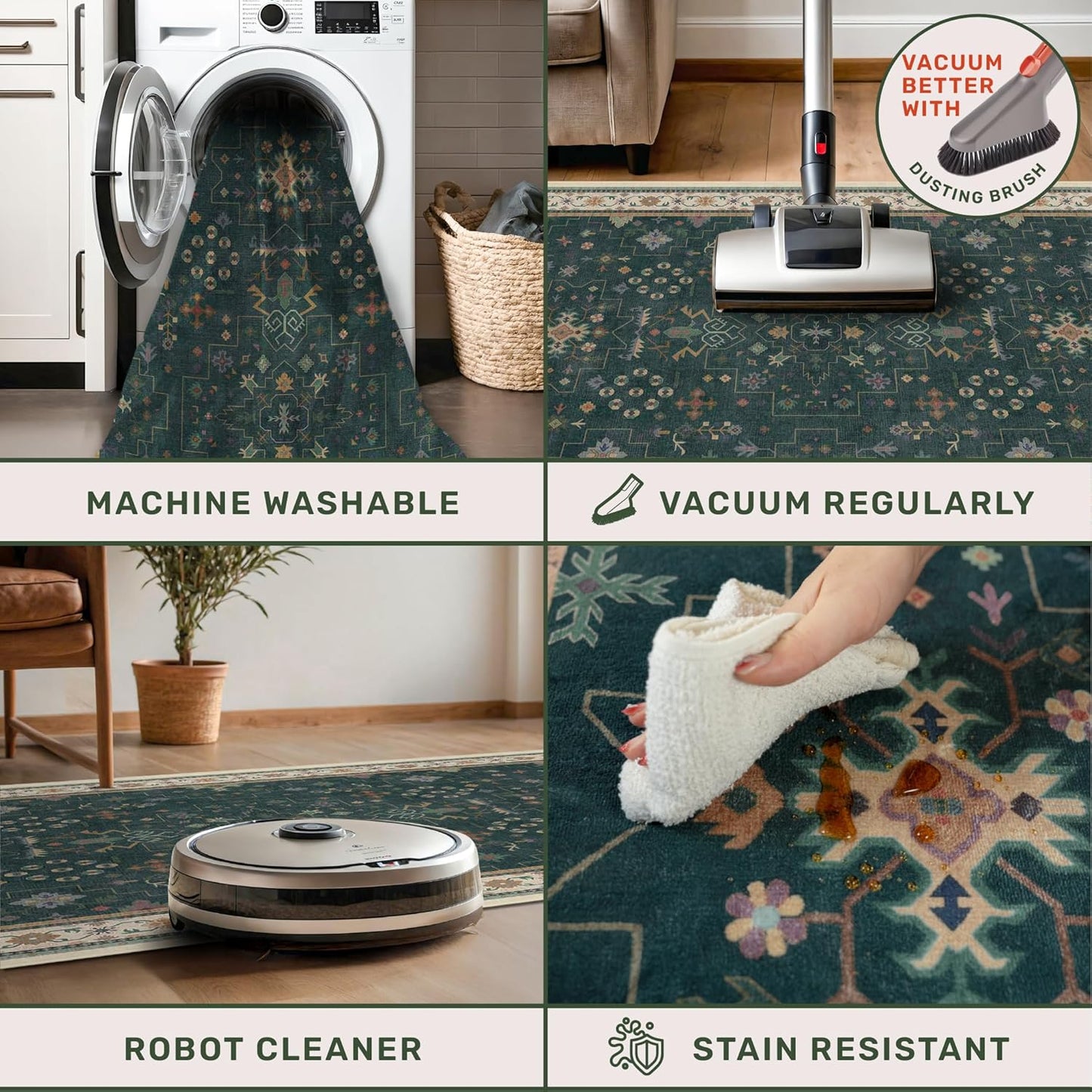 Regine Switzerland Dark Green Washable Kitchen Runner Rug - 2'6"x8' Non-Slip Rubber Backing, Stain Resistant