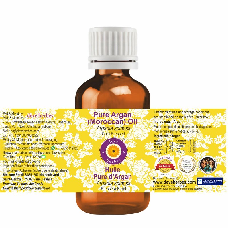 Deve Herbes Argan (Moroccan) Oil (Argania spinosa) | Cold Pressed | Pure | Natural | For Diluting Essential oils | For Hair, Skin & Massage | Non-Sticky | Lightweight | Unisex | 50ml (1.69 oz)