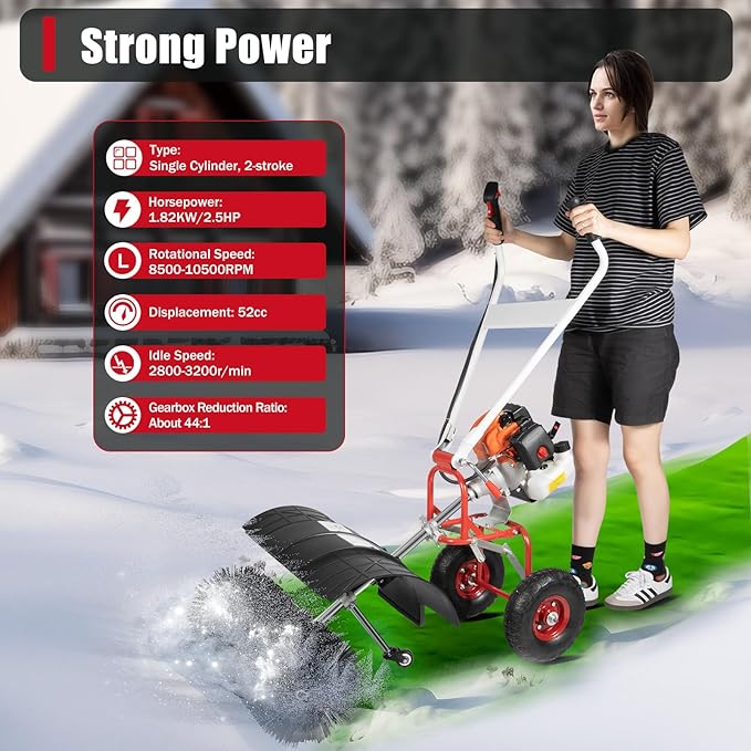 2.5HP 52CC Gas Power Handheld Sweeper, Driveway Turf Snow Broom Brush Cleaner Artificial Grass Walk Behind Electric Lawn Power Outdoor Road Street High Performance Cleaner