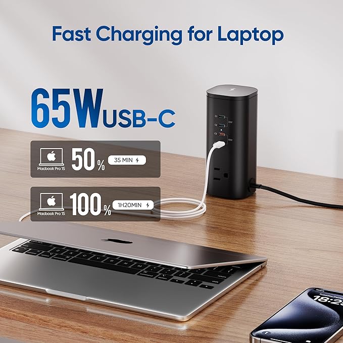 115W Fast Charging Station, TenTrend Power Strip Tower Surge Protector, 5FT Extension Cord with 3AC Outlets & 8 USB Ports(4 USB-C), Flat Plug Charging Tower for Home, Office Supplies, Dorm Room