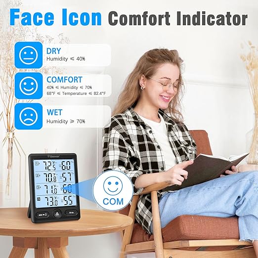 Geevon Indoor Outdoor Thermometer Wireless 3 Remote Sensors, 5-Inch Display Digital Hygrometer Thermometer Temperature Humidity Monitor with 8S Backlight, Battery-Powered