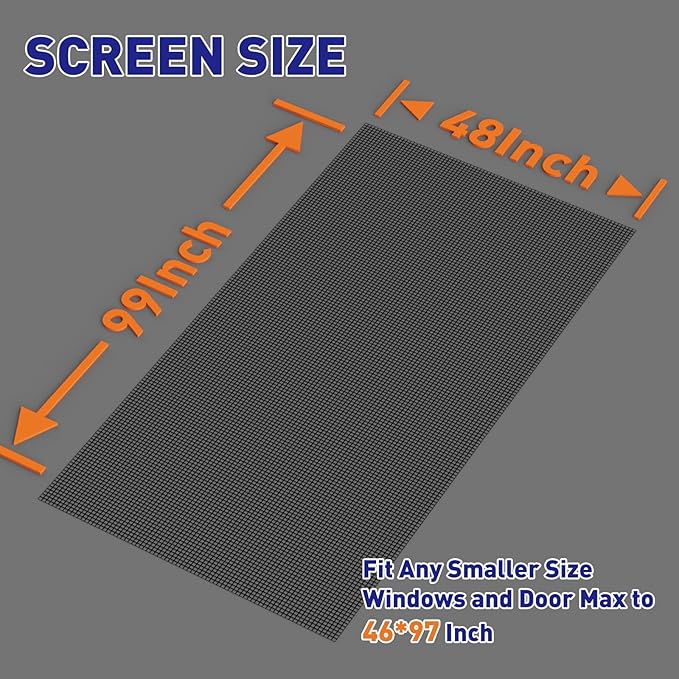 MAGZO Window Screen Replacement Mesh 48"W x 99"L - Pet Resistant Premium & Durable Polyester Screen Door Mesh, Allows Fresh Air in, DIY Repair Kit Includes Tool for Sliding Doors,Windows,Patio, Black