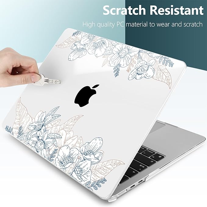 TWOLSKOO for MacBook Air 13 inch Case M4 A3240 M3 A3113 M2 A2681 2025 2024 2022 Plastic Hard Shell, Keyboard Cover, Type C Adapter, Screen Protector for MacBook Air 13.6 inch, Engraved Sketch