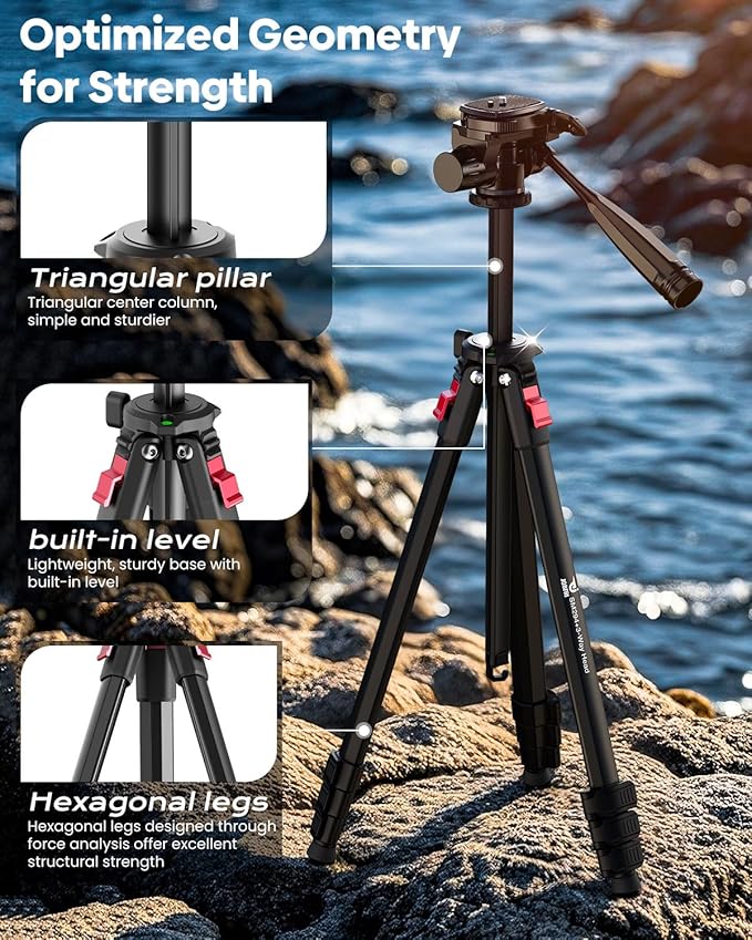JOBFRI 68" Lightweight Camera Tripod Stand, Compact Portable Travel Aluminum Tripod for DSLR/SLR, Compatible with Canon/Nikon/Phone (Supports 8.8 lbs, Weighs 2.46 lbs) Black