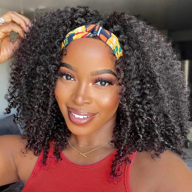 XSY Curly Headband Wig Human Hair 14 Inch Kinky Curly Headband Wigs for Black Women None Lace Front Wig 150% Density Natural Black Color