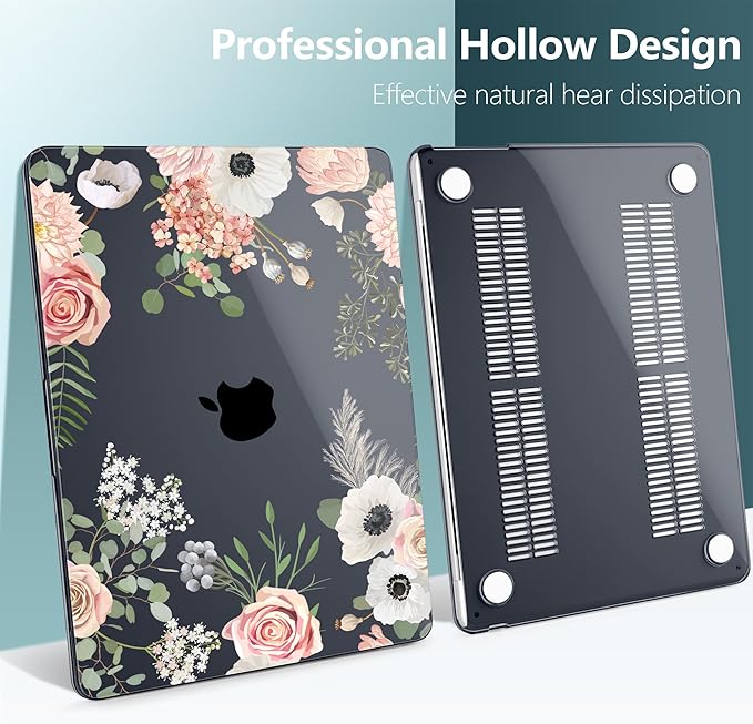 TWOLSKOO for MacBook Air 15 inch Case 2025 2024 2023 Release M4 A3241 M3 A3114 M2 A2941, Plastic Hard Shell & Screen Protector & Keyboard Cover & Type C Adapter, Rose Flower