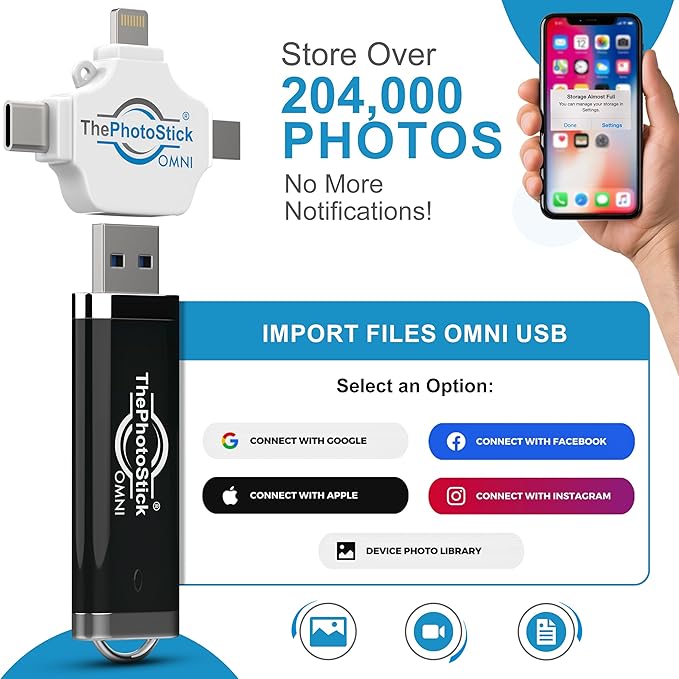 ThePhotoStick® Omni 128GB (2 Pack) USB Flash Drive & Memory Stick – Automatic Photo & Video Backup for iPhone, Android, Mac & PC – Multiport Connection to Easily Store & Transfer Files