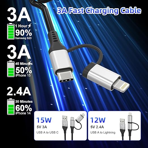USB to USB-C and Lightning Cable 2 in 1 Coiled Cable Support Carplay & Android Auto [MFi & 3A Fast Charge & Data Sync] Coiled Lightning and USB C Cable for iPhone 17/16/15/14/13/Android, Silver