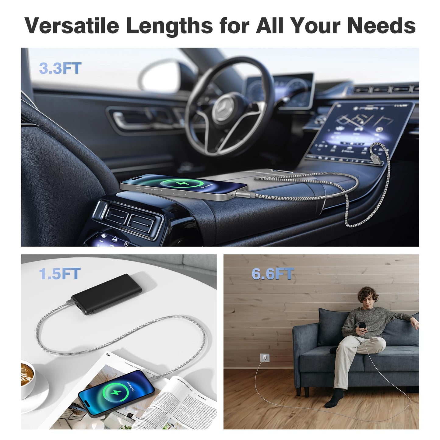 Elebase iPhone 17 17e Pro Max Charging Cable 1.5/3.3/6.6FT 3Pack,USB A to Type C Car Charger Cord,USBC Carplay Cable for New Apple 16 Plus iPad 10 Mini 7 Air 8,Airpods,Samsung Galaxy S26 S25 A17 Ultra