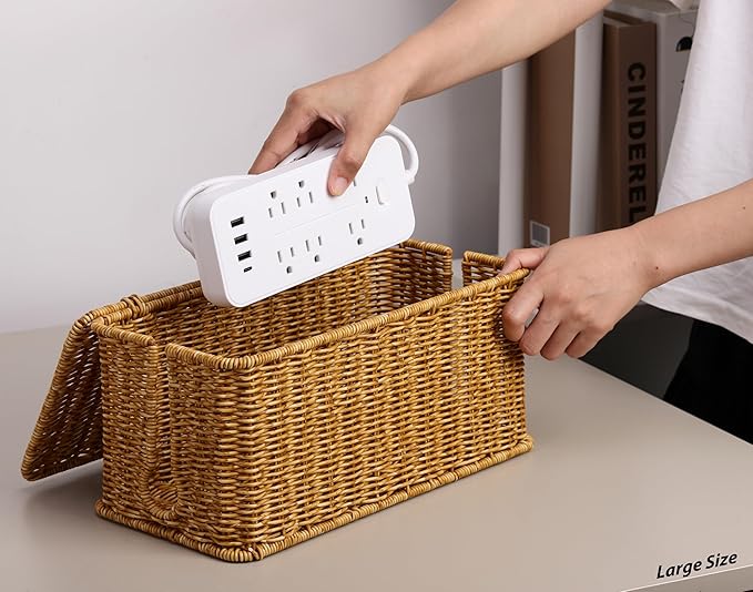 ZhiYo Rattan Cable Management Box, Cord Organizer, Nature, 2 Pack (M&L)