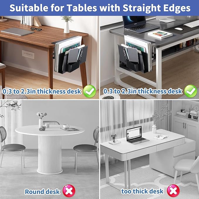 osseph 2 Tier Desk Side Storage Organizer, Under Desk Laptop Holder, No Drill Hanging Desks Caddy for Office & Home, Clamp On Desk Shelf for Tablet, Files, Accessories, Load 30Lbs