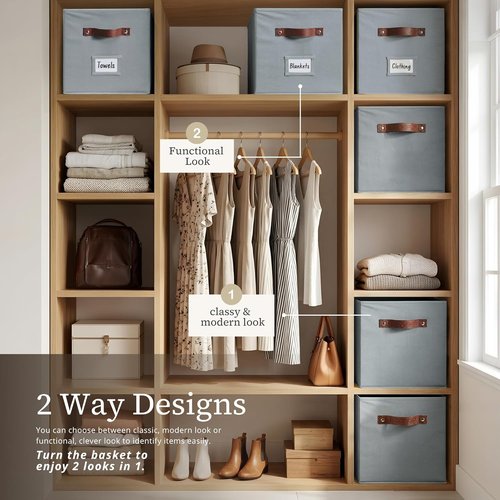 DECOMOMO Storage Baskets - 13x15x13 Cube Bins with Labels for Organized Shelves | Grey (Set of 4)
