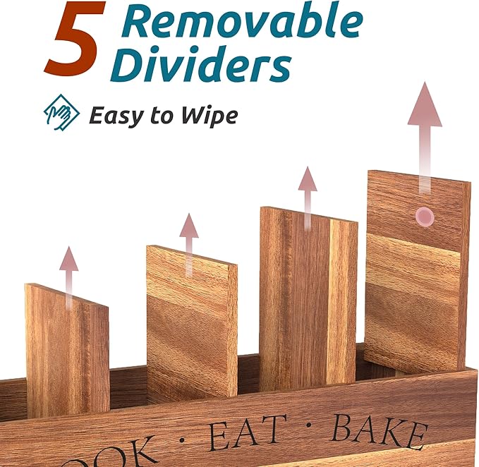 Suli Acacia Wood Utensil Holder for Kitchen Counter,Extra Large Utensils Holder with 4 Compartments,Caddy Organizer for Countertop, Farmhouse Kitchen Decor, Rustic Cooking Utensil