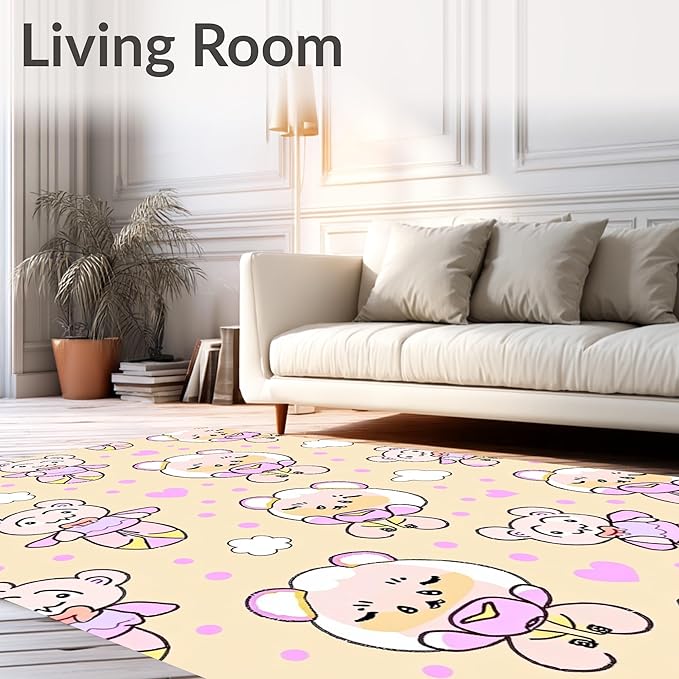 Flatwoven High Traffic Area Rug 3x5, Sweet Bear Balloon Interlocking Dot and Cloud Motif, Non Slip, Stain Resistant, Washable Area Rugs for Living Room, Bedroom (Beige, 3x5)