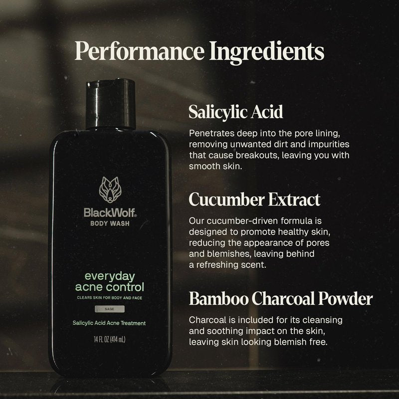 Black Wolf Salicylic Acid Body Wash for Men, 1 Liter - Men's Acne Body Wash - Charcoal Helps Reduce Acne Breakouts & Cleanse Your Skin - Full Coverage & Deep Clean Treatment - Men's Bodywash