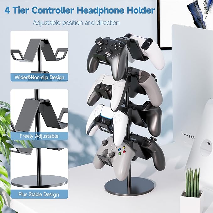 Karanava Controller Holder 4 Tier,Headphone Stand - Adjustable Headset Holder for Xbox PS5 PS4 Switch Pro - Gaming Accessories Storage for Gamer,Desk/Floor(Black)
