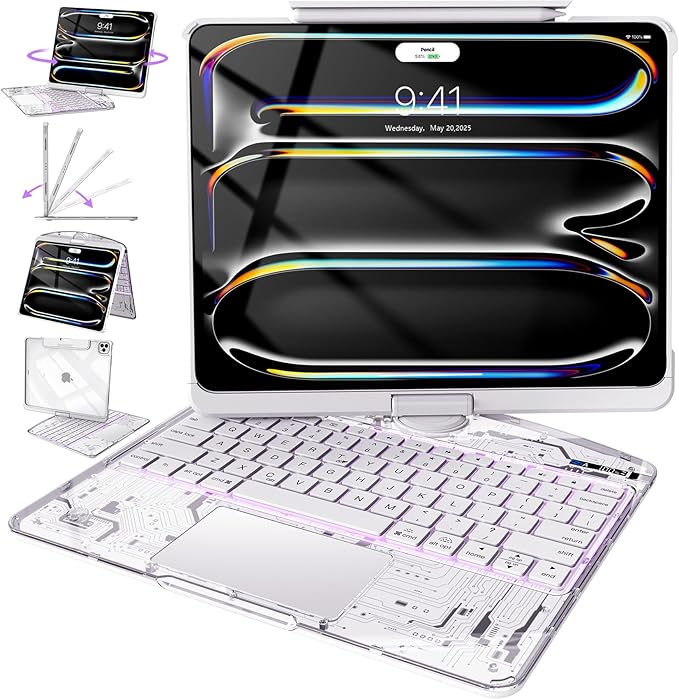Intermerge Transparent Keyboard Case for iPad Pro 11"(M5,2025/ M4,2024), 360° Swivel Multi-Touch Trackpad, 7-Color RGB Backlit, Pencil Holder, Type-C, Power Indicator, Frost Pulse