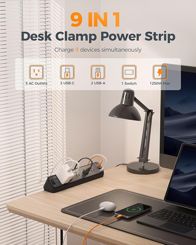 TESSAN Desk Clamp Power Strip 6 Ft, 2100J Surge Protector Desk Charging Station, 5 Outlets with 4 USB Ports (2 USB C), Flat Plug Extension Cord with Multiple Outlets for Home Office Dorm Room, Black