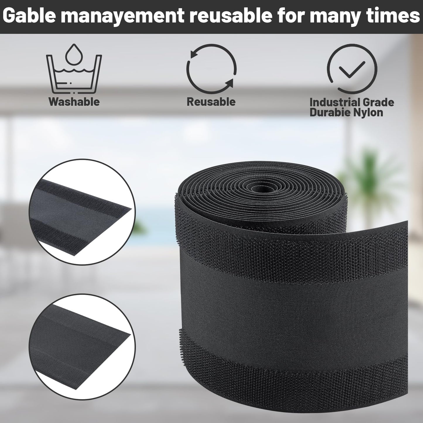 IHKFILAN Carpet Cord Cover Carpet Cable Management Under Desk Cable Grip Strip Black Hook and Loop Tape Cable Polyester Cover Protect Cables to Prevent Tripping Over Wires for Homes & Office (20ft)
