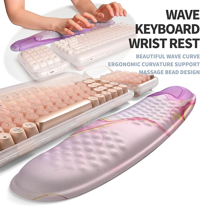 Gleamtide 2-in-1 Ergonomic Set, Wave Keyboard Wrist Rest and Massage Slope Mouse Pad Wrist Support, Rebound Memory Foam for Relieve Carpal Tunnel Syndrome and Wrist Pain (Pink Purple Marble)
