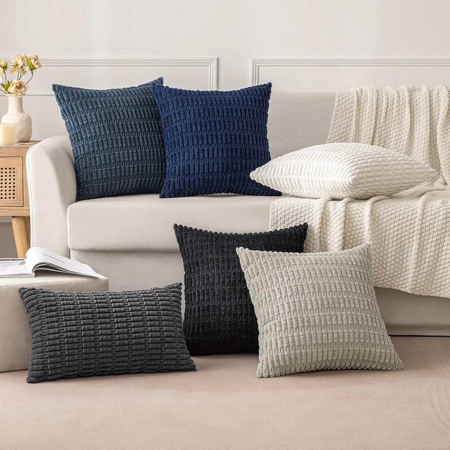 MIULEE Corduroy Throw Pillow Covers - Soft Boho Striped Design | 16x16 Inch Blue Decorative Covers for Living Room