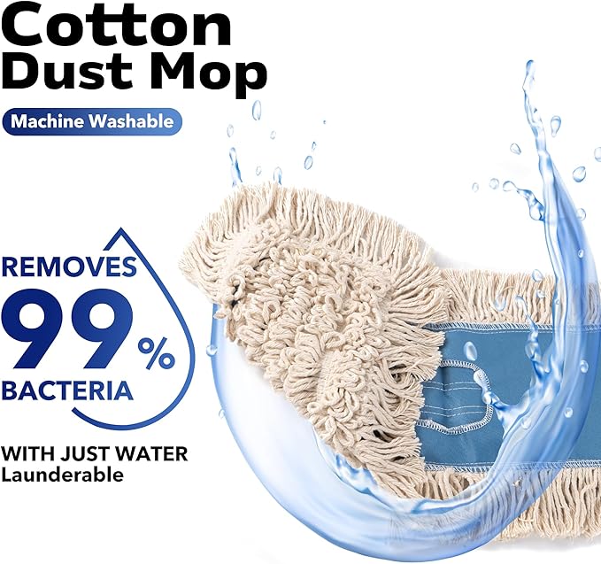 Matthew Cleaning 36'' Industrial Strength Cotton Dust Mop Refill Washable Replacement Heads for Residential & Commercial Use Fit Standard Dust Mop Frames, Hardwood, Concrete Floors Blue&White 3 Pack